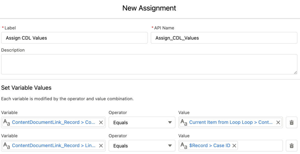 Assigning values to Content Document Link record variable.