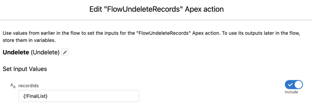 undelete records action and parameters