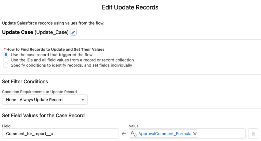 Update case record with approval comments