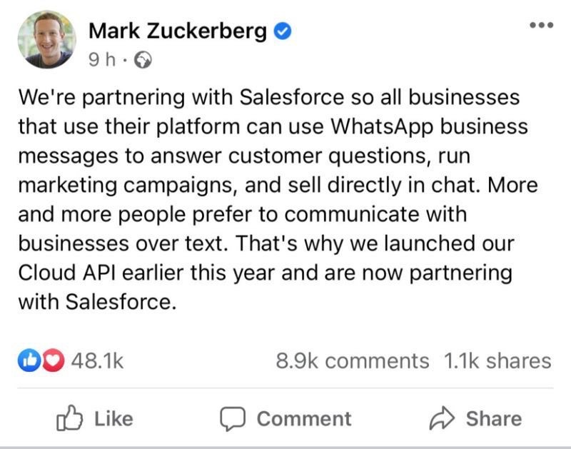 Post on Facebook about Salesforce and WhatsApp Partnership