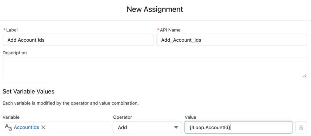 Assignment element to add account Ids to a collection