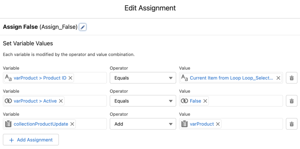Assignment element to assign new values