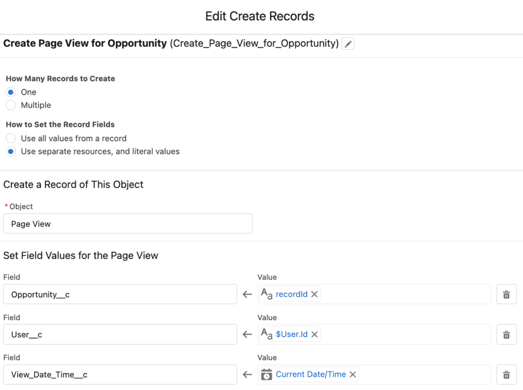Create Records Element for Opportunity Page View Tracking