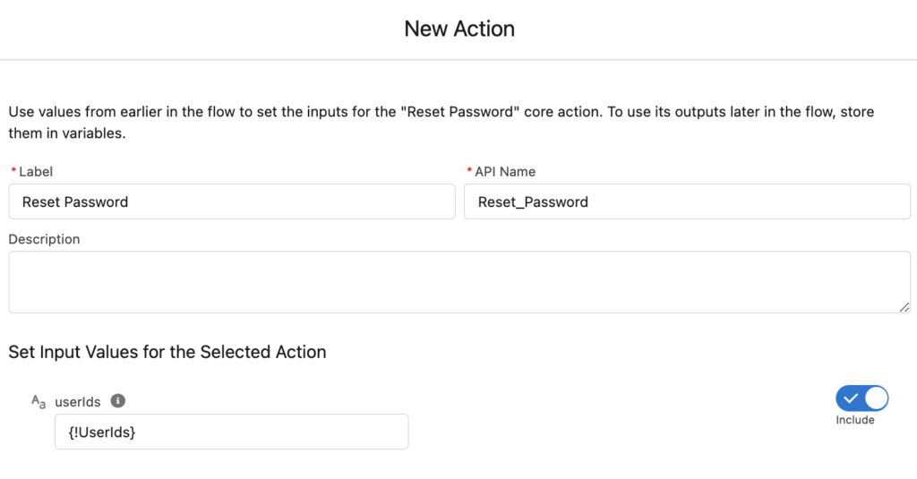 Configuration of Reset Password Action