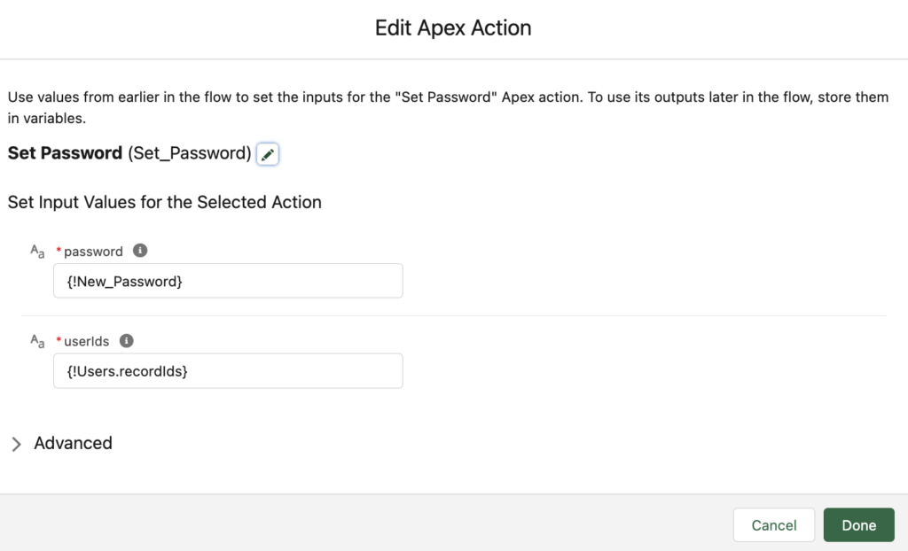 Set Password Action to Set Password for Users