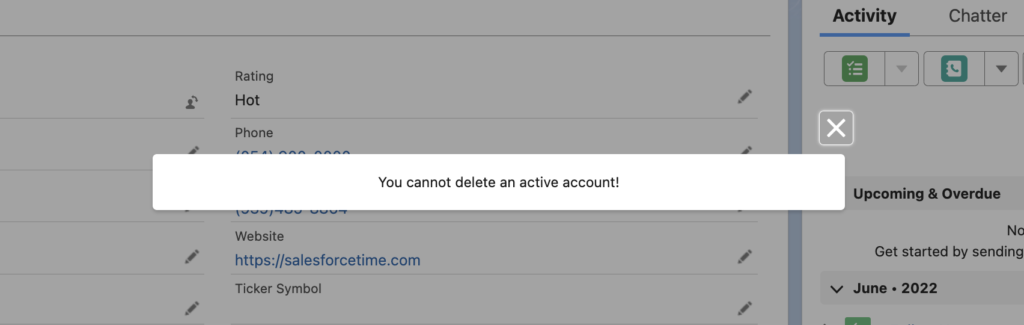Custom Error Element to Block Deleting Account