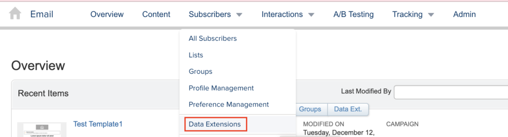 Data Extensions Menu