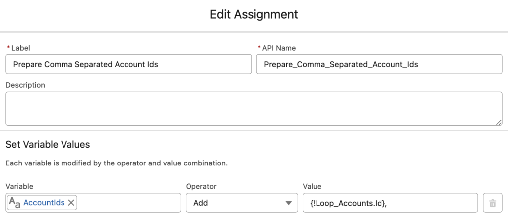 Assignment Element to Prepare Comma Separated Account Ids