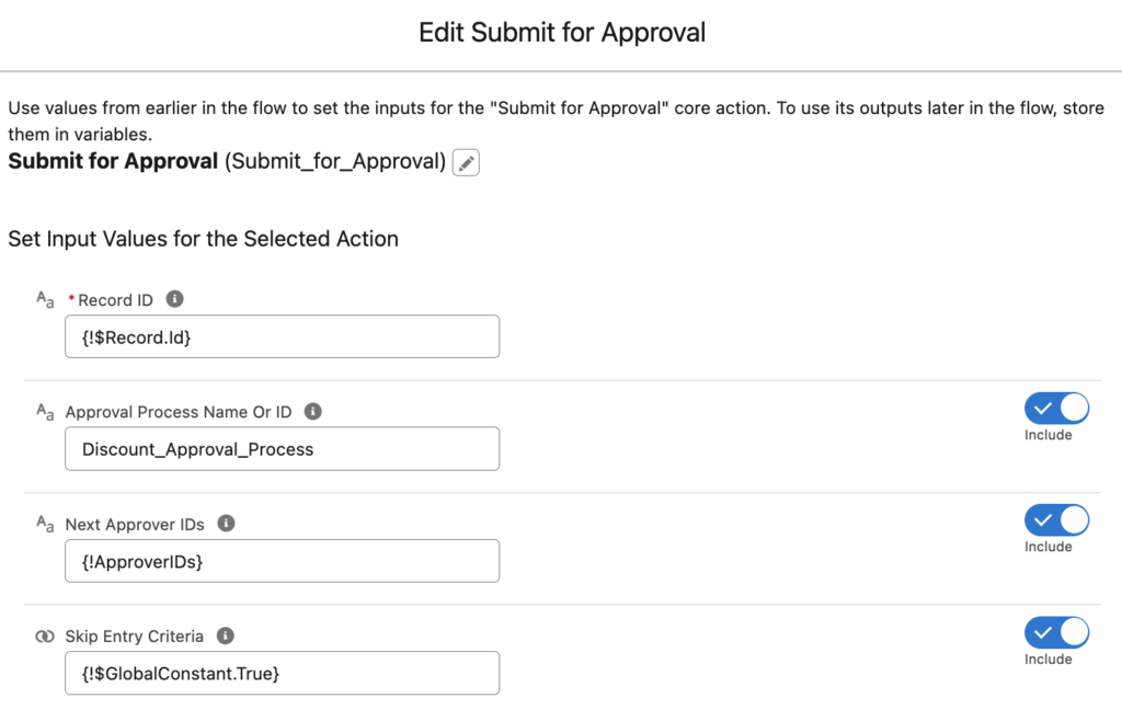 Input Values for Submit for Approval Action