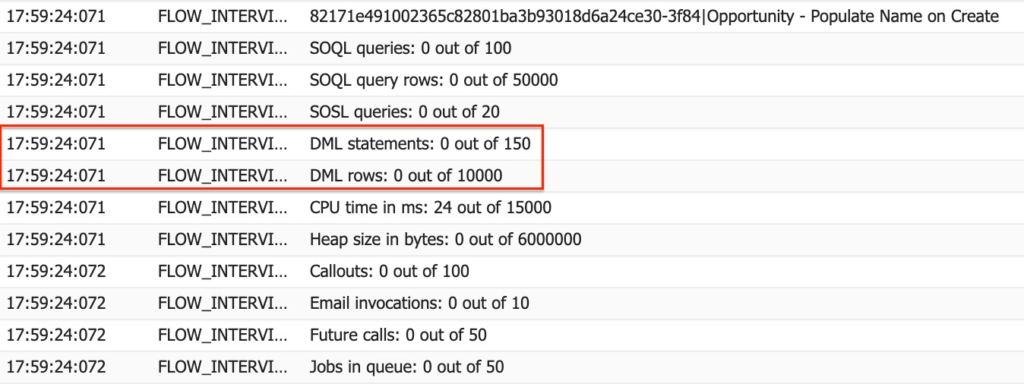 Debug logs of a before save record triggered flow with an Update Records element