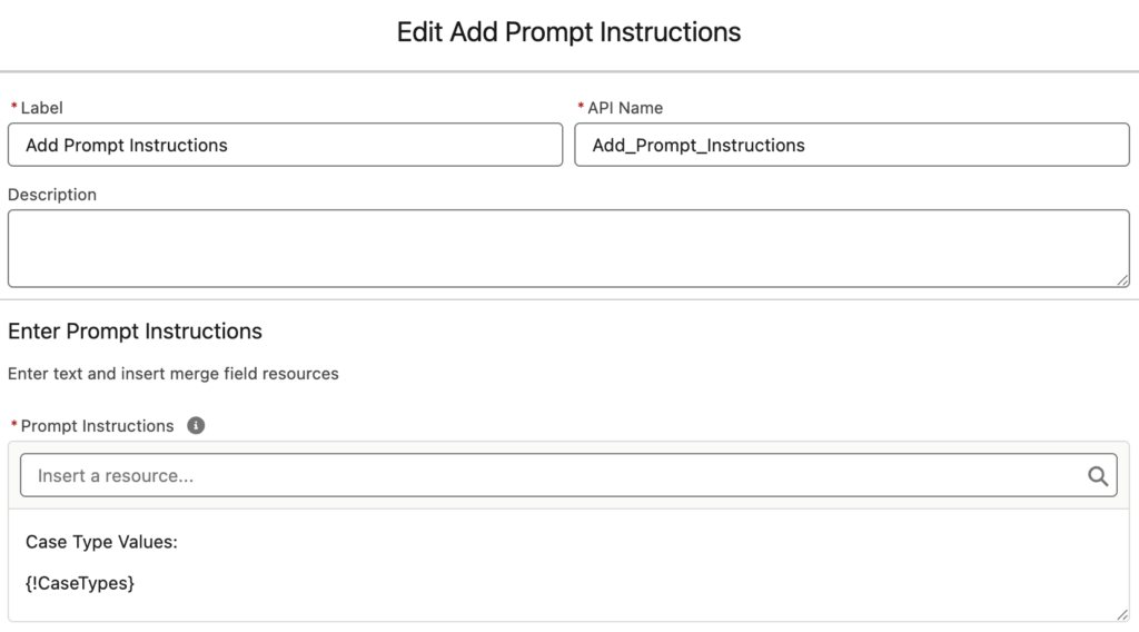 Add Prompt Instruction element to provide the Type values to Classify Cases
