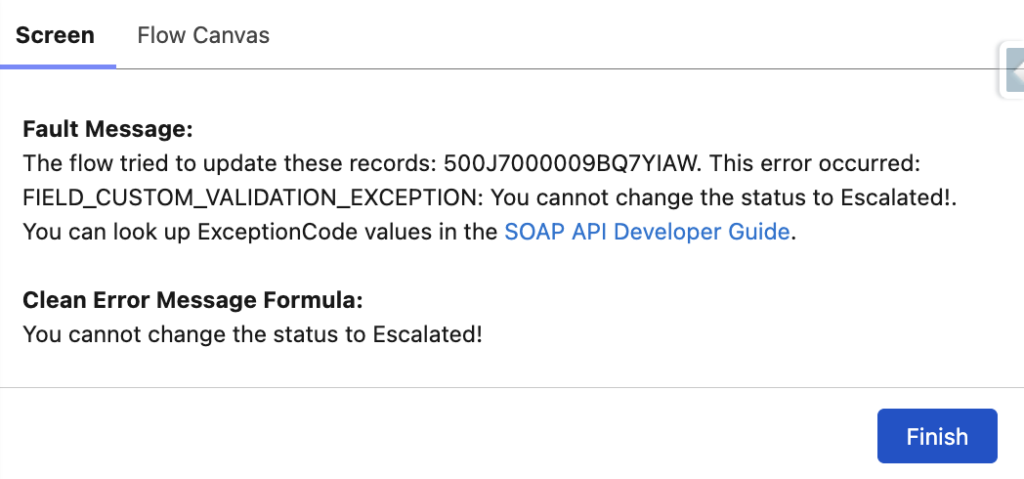 Displaying the error message