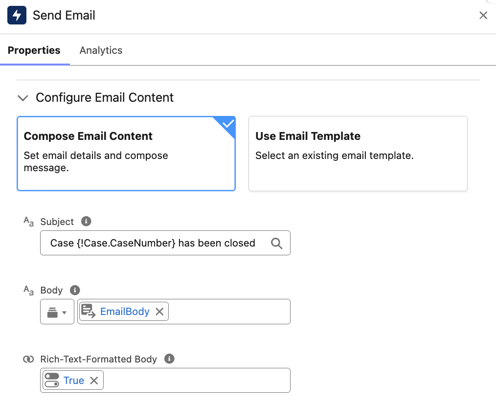 Send Email Action Configuration