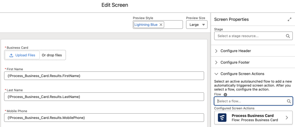 Screen Flow to Capture and Process the Business Card Image