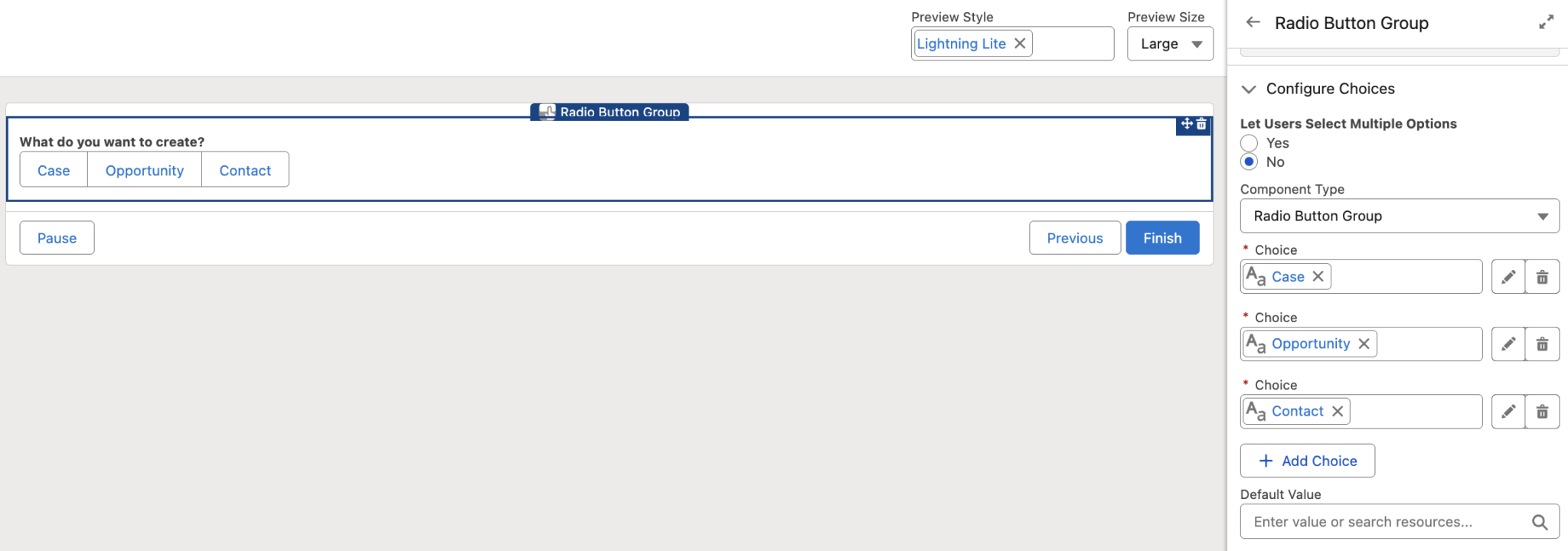 Configuration of Radio Button Group Screen Component