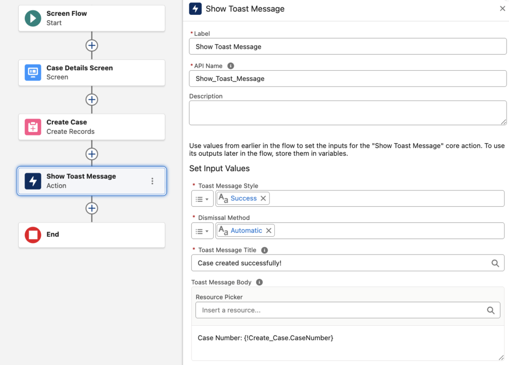 Show Toast Message Action Configuration