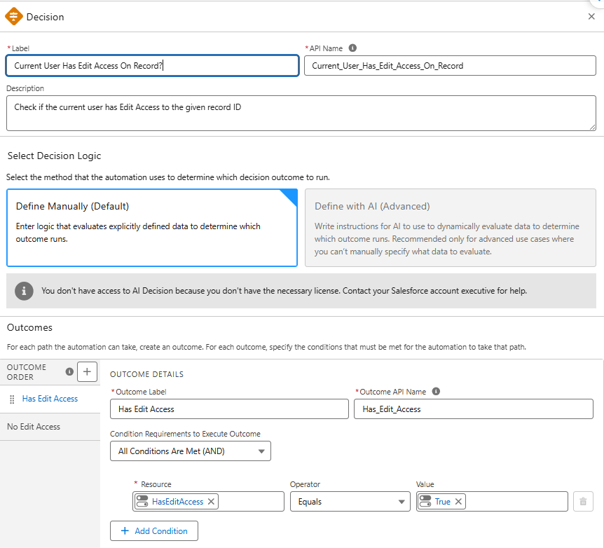 Decision Element to Check If the User Has Edit Access
