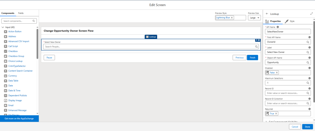 Screen to Change Owner