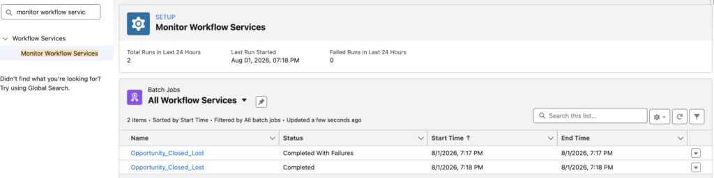 Monitor Workflow Services in Setup