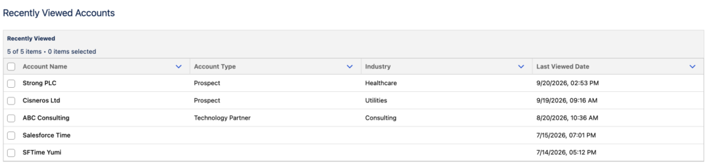 Recently Viewed Accounts Data Table