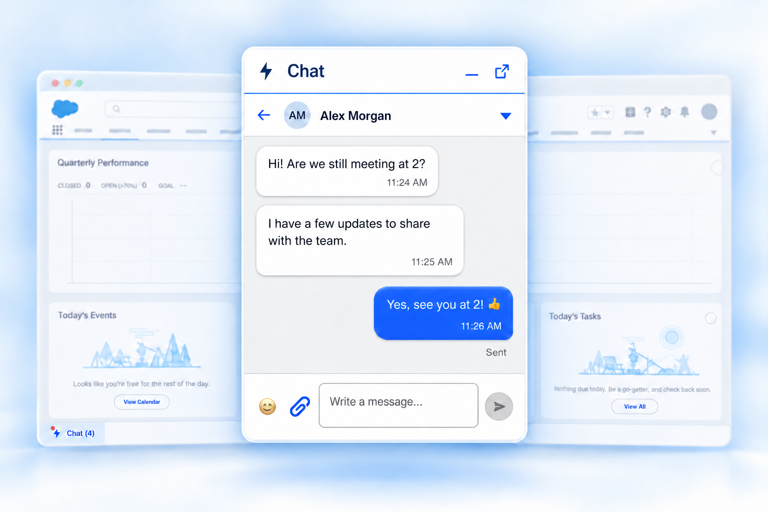 ChatTime open in the Salesforce utility bar, showing a team conversation